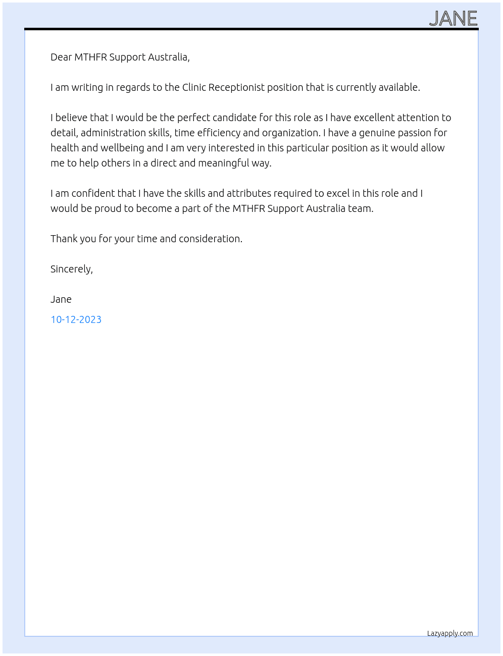 Clinic Receptionist  At MTHFR Support Australia Cover Letter