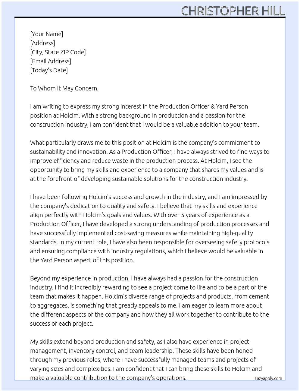 Production Officer & Yard Person At Holcim Cover Letter