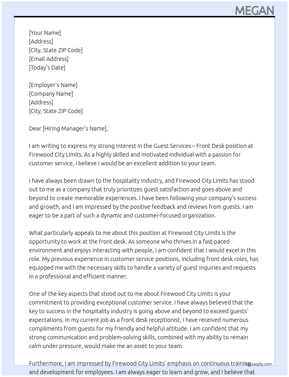 Guest services - front desk At Firewood city limits  Cover Letter