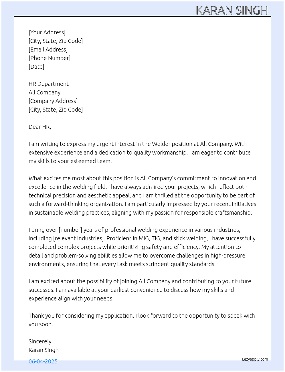 Welder  At All company  Cover Letter