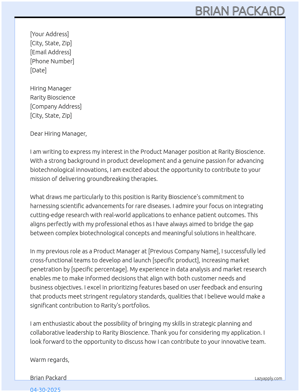 Product Manager At Rarity Bioscience Cover Letter