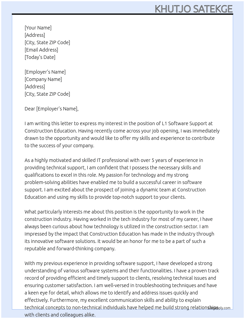 L1 software support At construction education Cover Letter