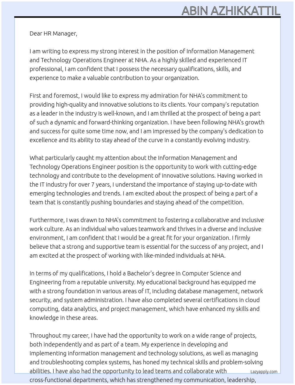 Information Management and Technology Operations Engineer At NHA Cover Letter