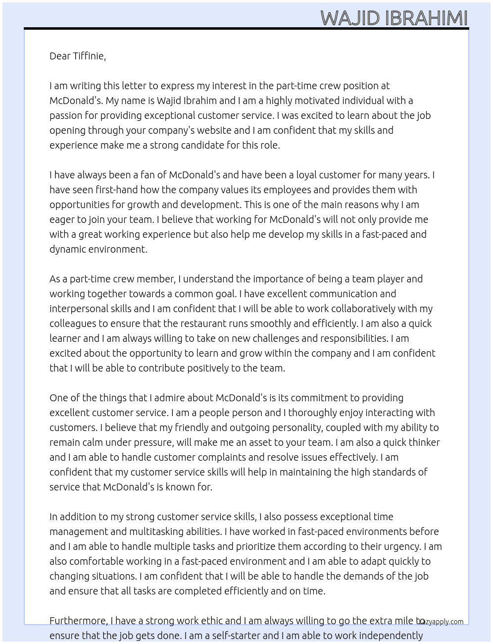 part time crew  At macdonalds Cover Letter