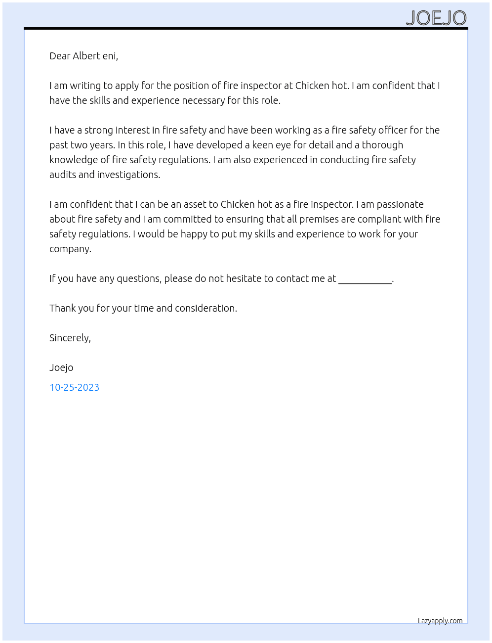 Fire inspector  At Chicken hot  Cover Letter