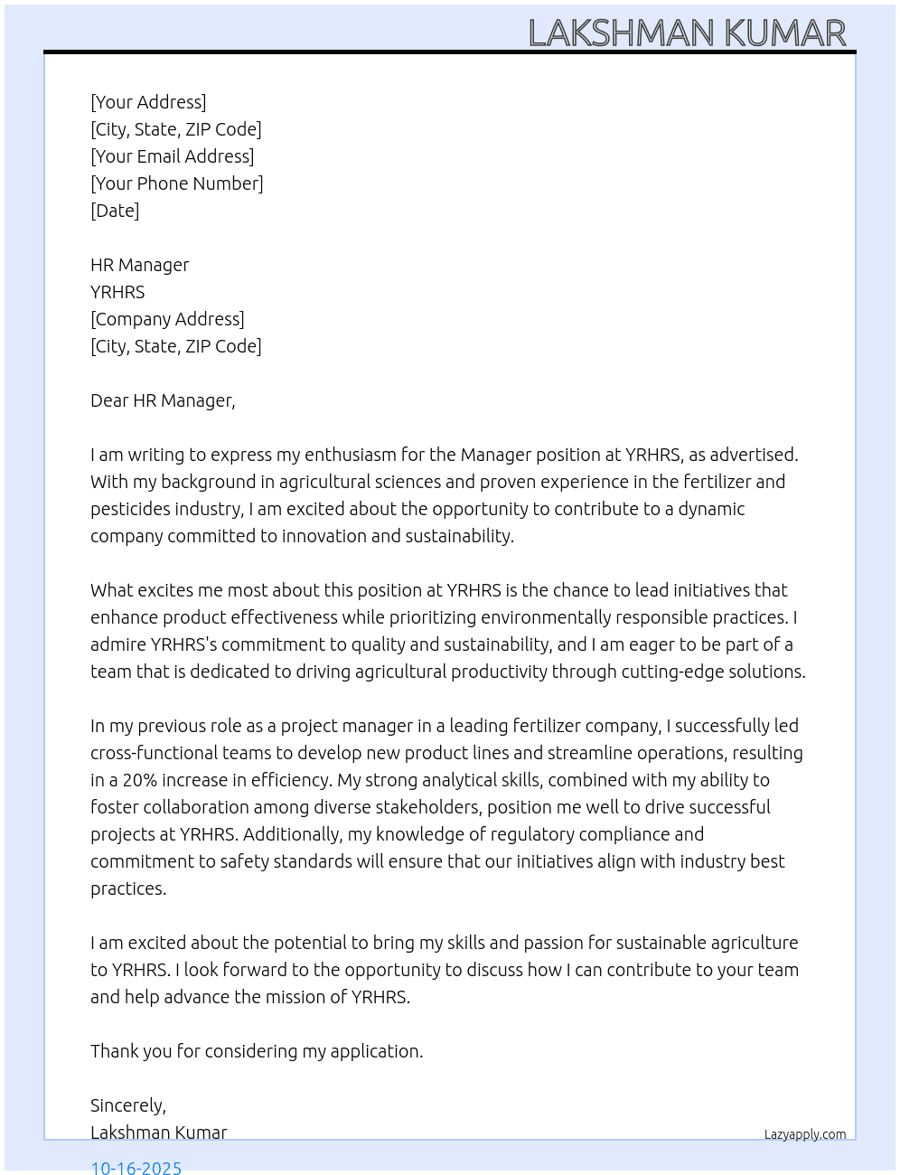 Manager  At YRHRS (fertilizer and pesticides) Cover Letter