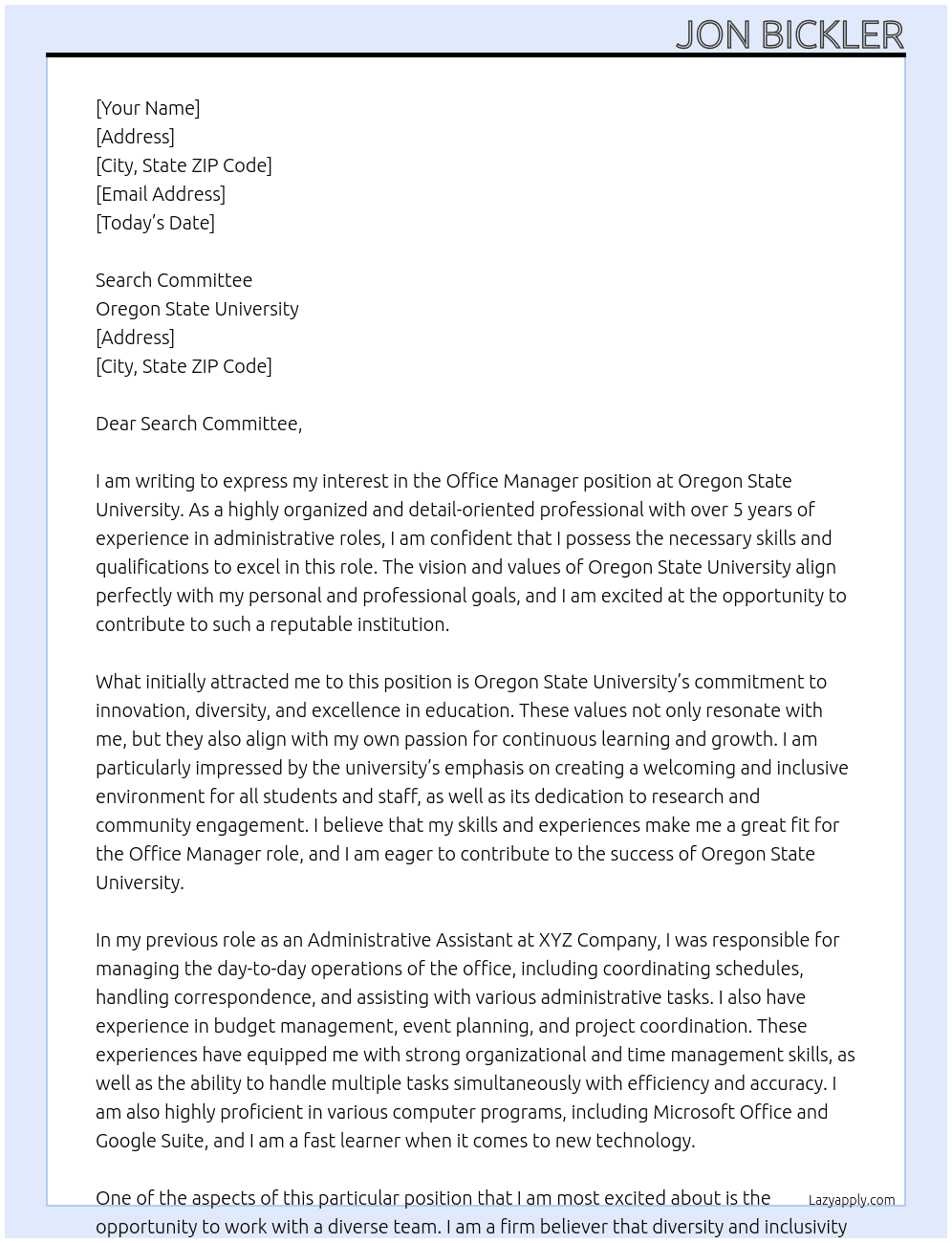 Office Manager At Oregon State University Cover Letter