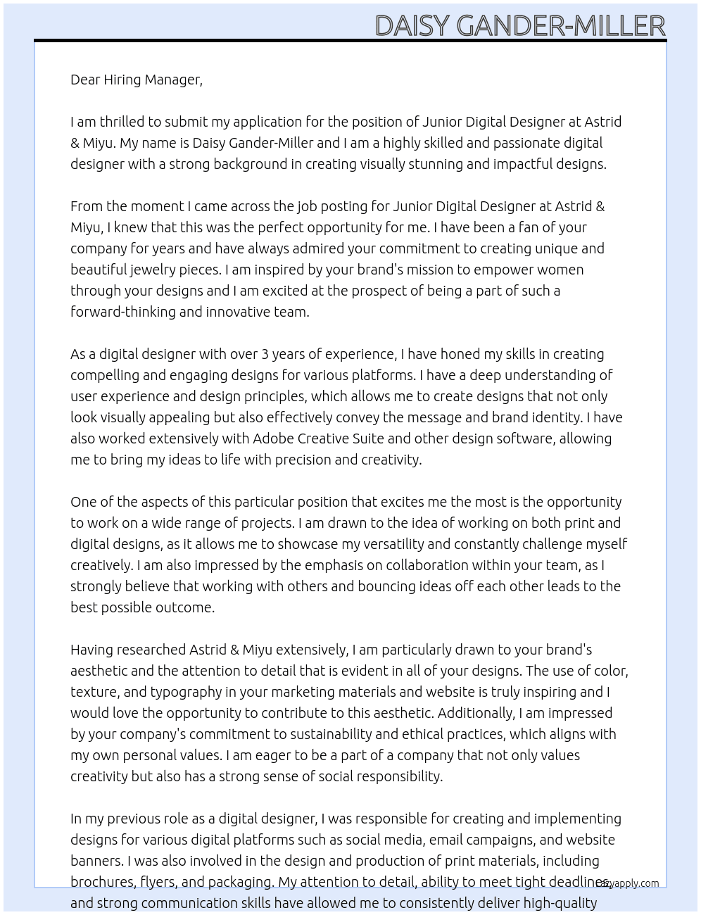 Junior Digital Designer At Astrid & Miyu Cover Letter