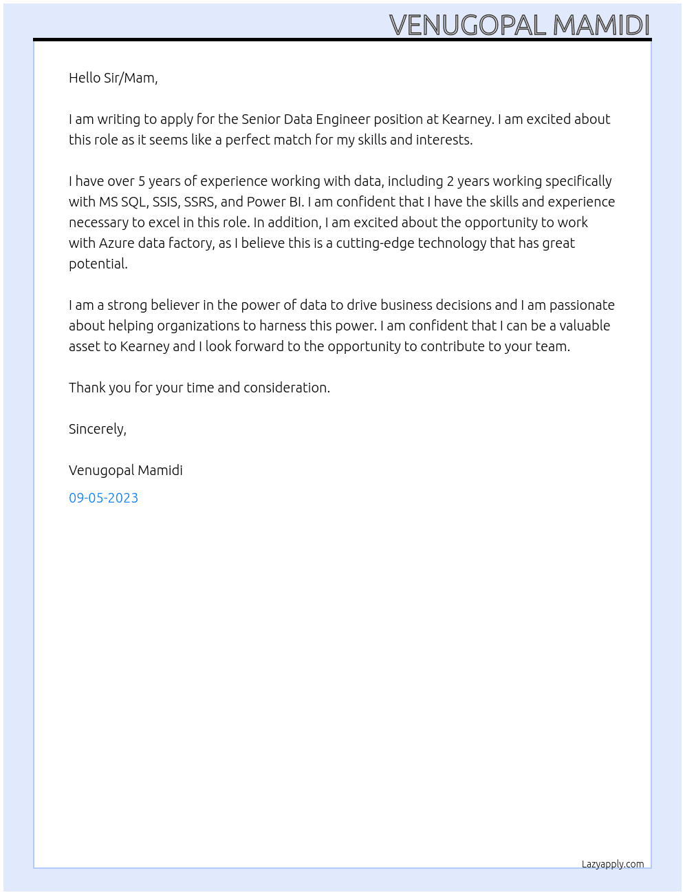 Senior Data Engineer At Kearney Cover Letter
