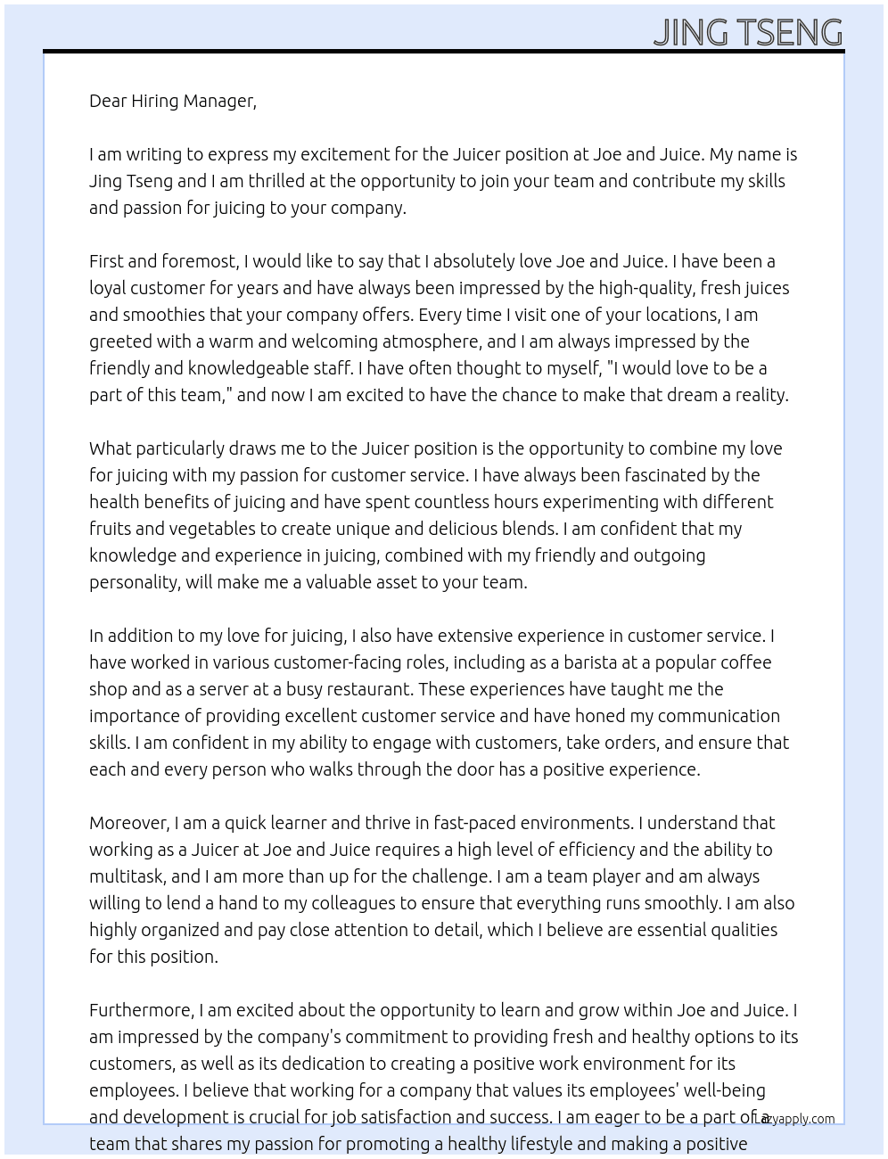 Juicer At Joe and Juice Cover Letter
