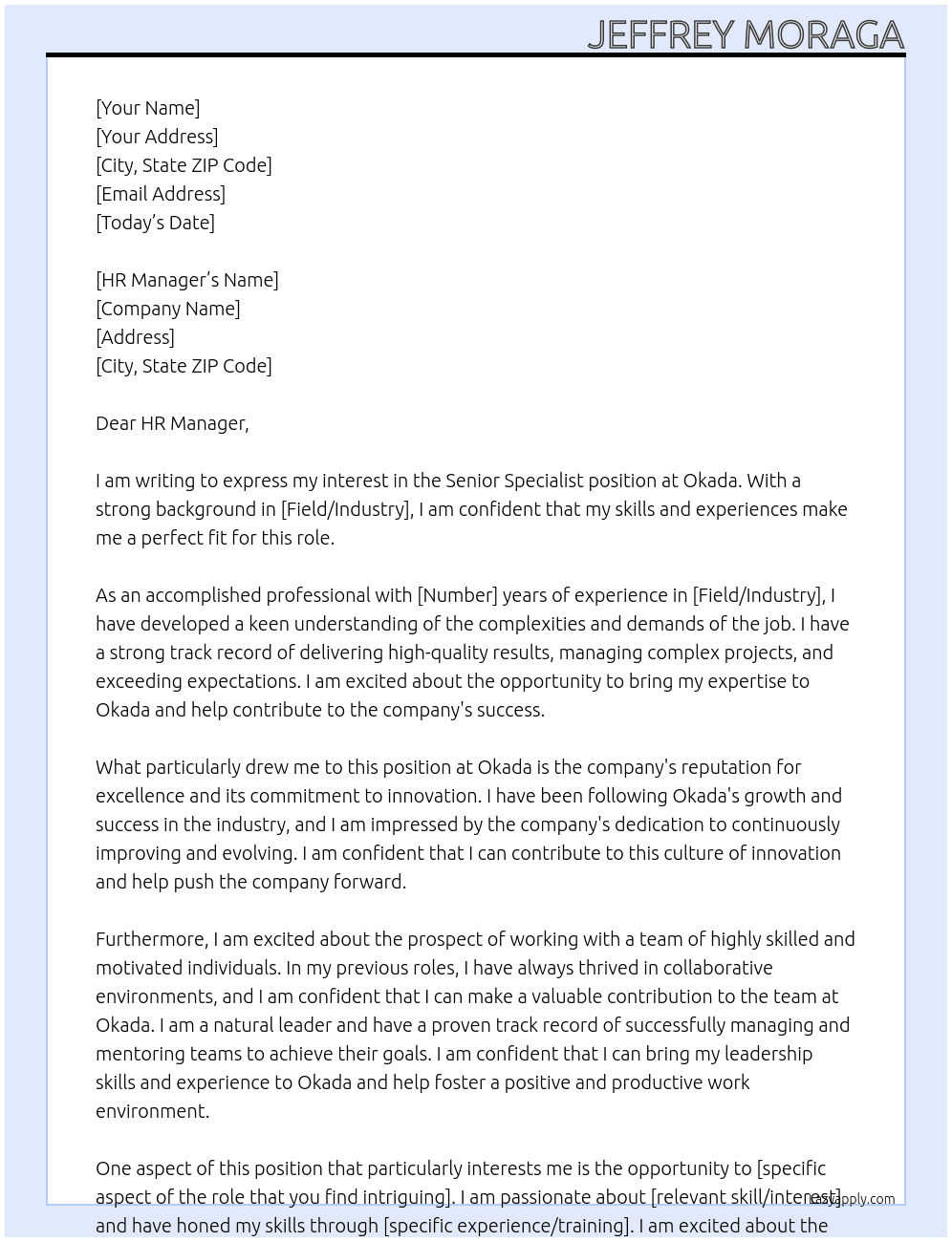 Senior Specialist At Okada Cover Letter