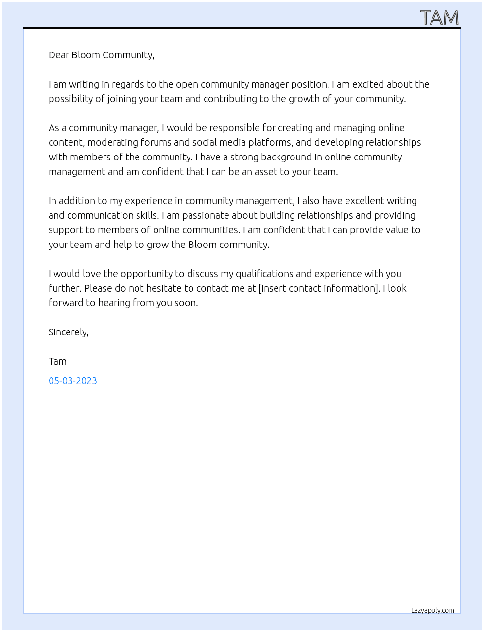 Community manager  At Bloom community  Cover Letter