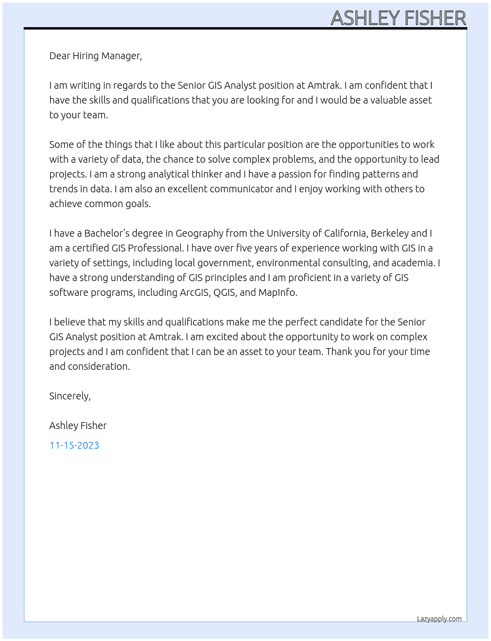 Senior GIS Analyst At Amtrak Cover Letter