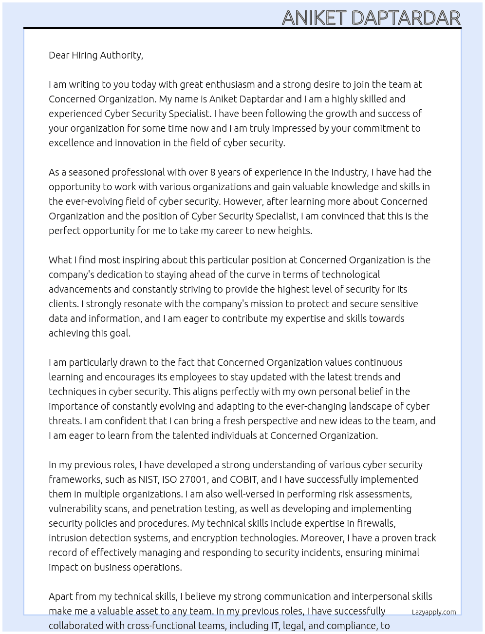 CYBER SECURITY SPECIALIST At CONCERNED ORGANIZATION APPLYING Cover Letter