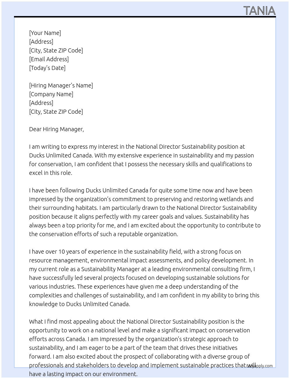 National Director Sustainability At Ducks Unlimited Canada Cover Letter