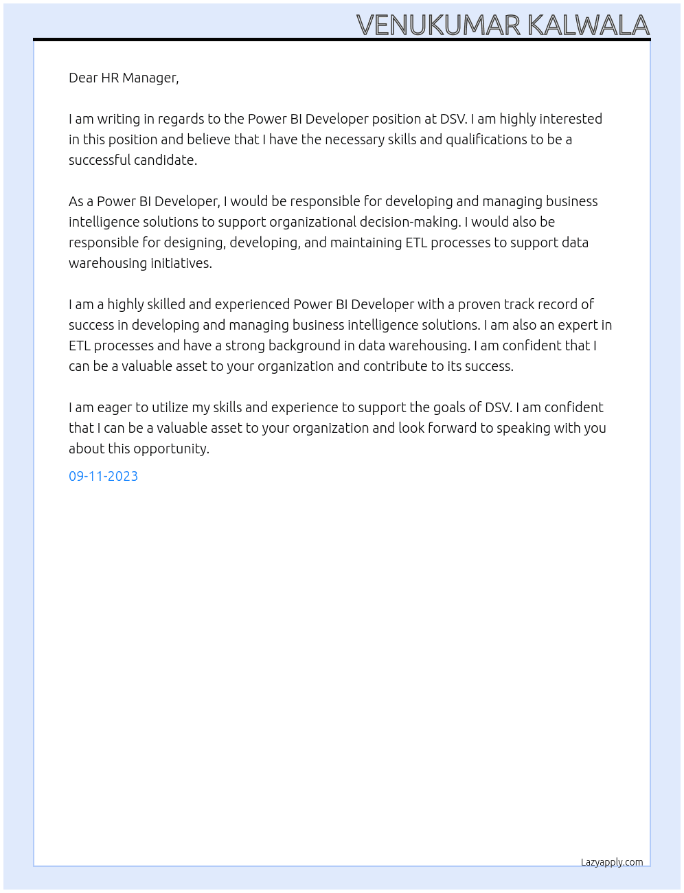 Power bi developer At DSV Cover Letter