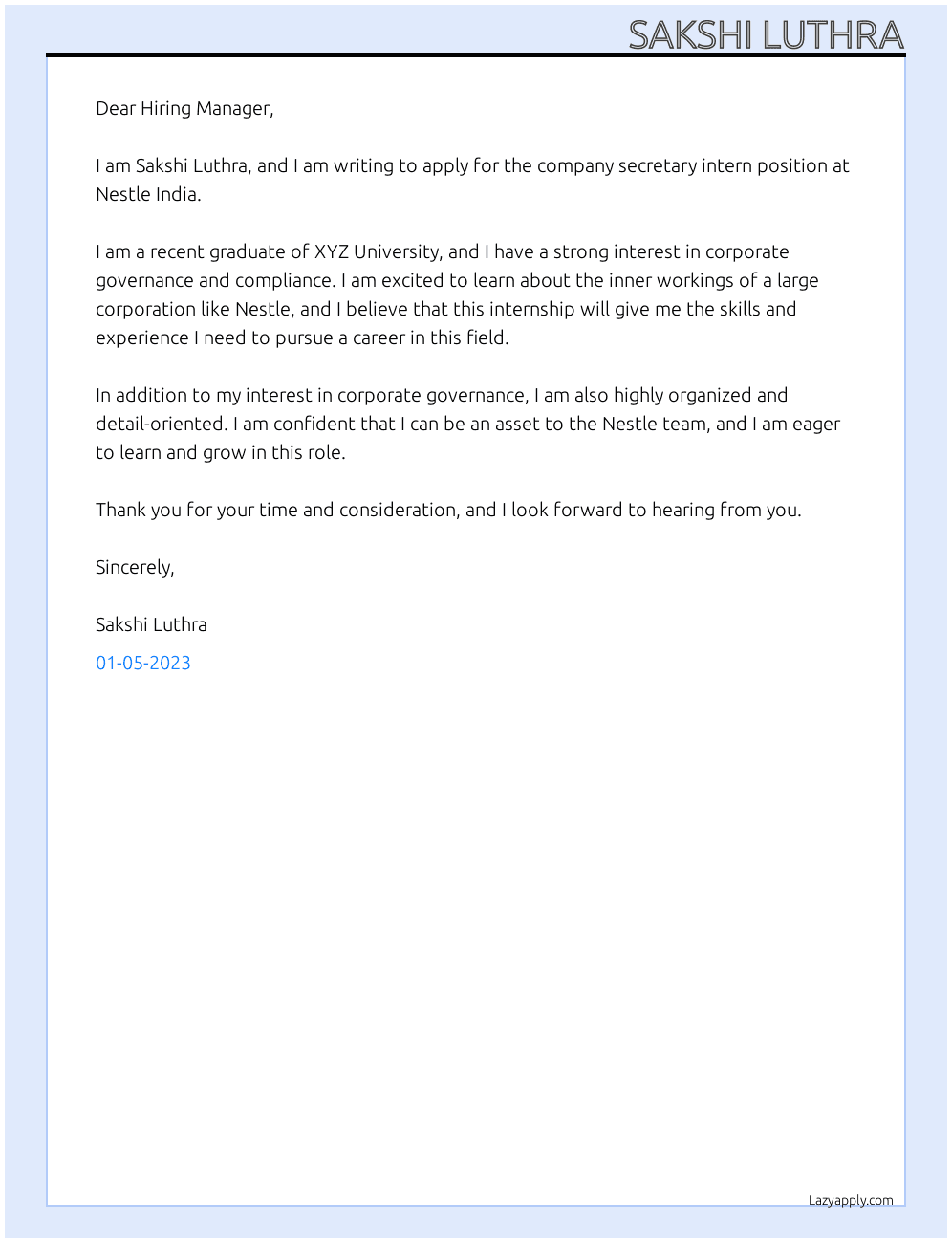 Company secretary intern At Nestle india Cover Letter