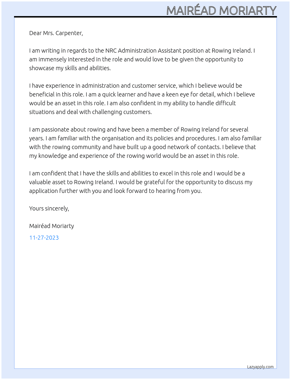 NRC Administration Assistant  At Rowing Ireland Cover Letter