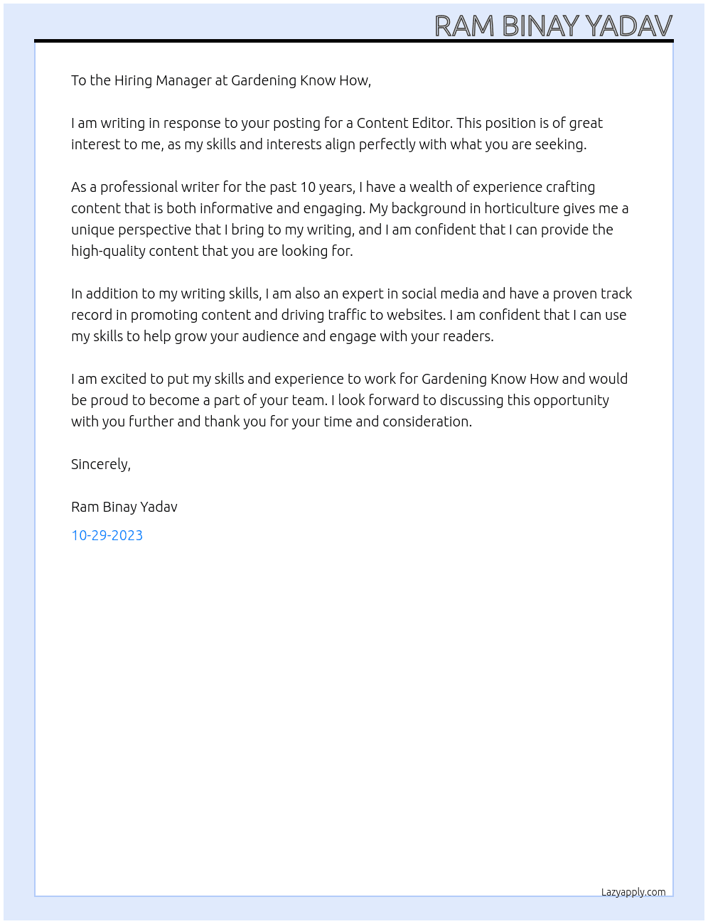 Content Editor At Gardening Know How Cover Letter