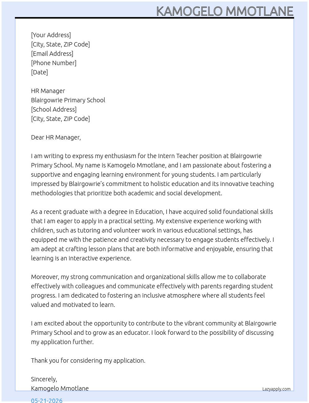 Intern Teacher At Blairgowrie Primary School Cover Letter