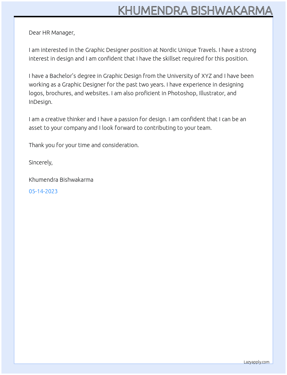 Graphic Designer At Nordic Unique Travels Cover Letter