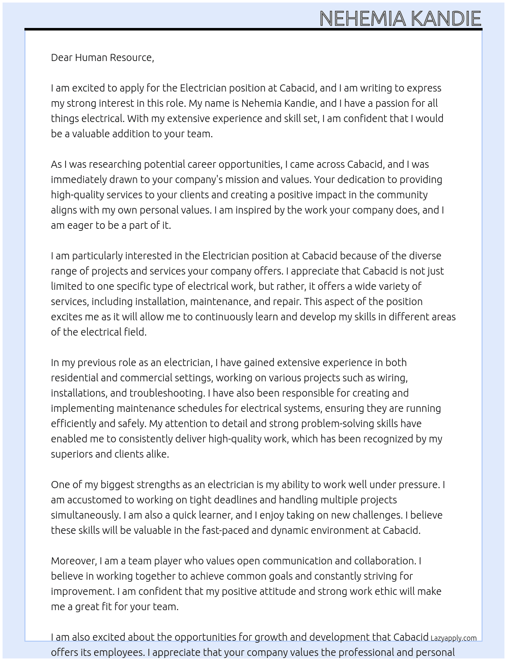 Electrician  At Cabacid Cover Letter