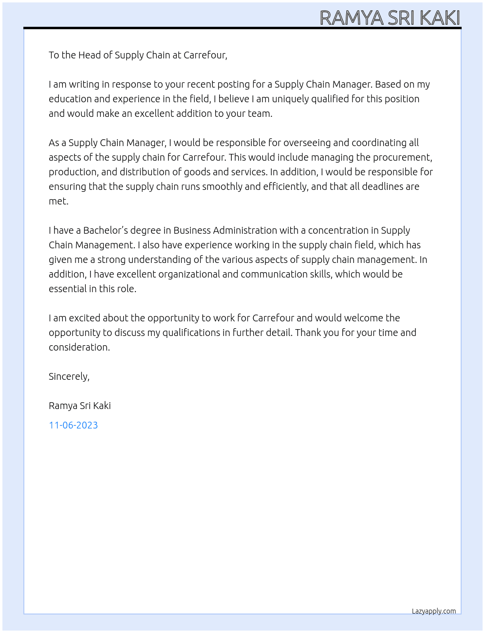 supply chain manager At carrefour Cover Letter