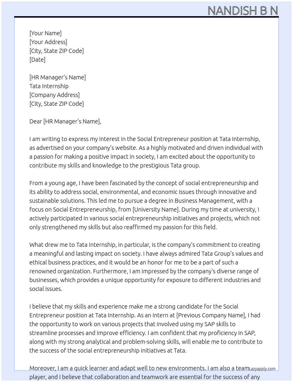 Social entrepreneur At Tata internship  Cover Letter
