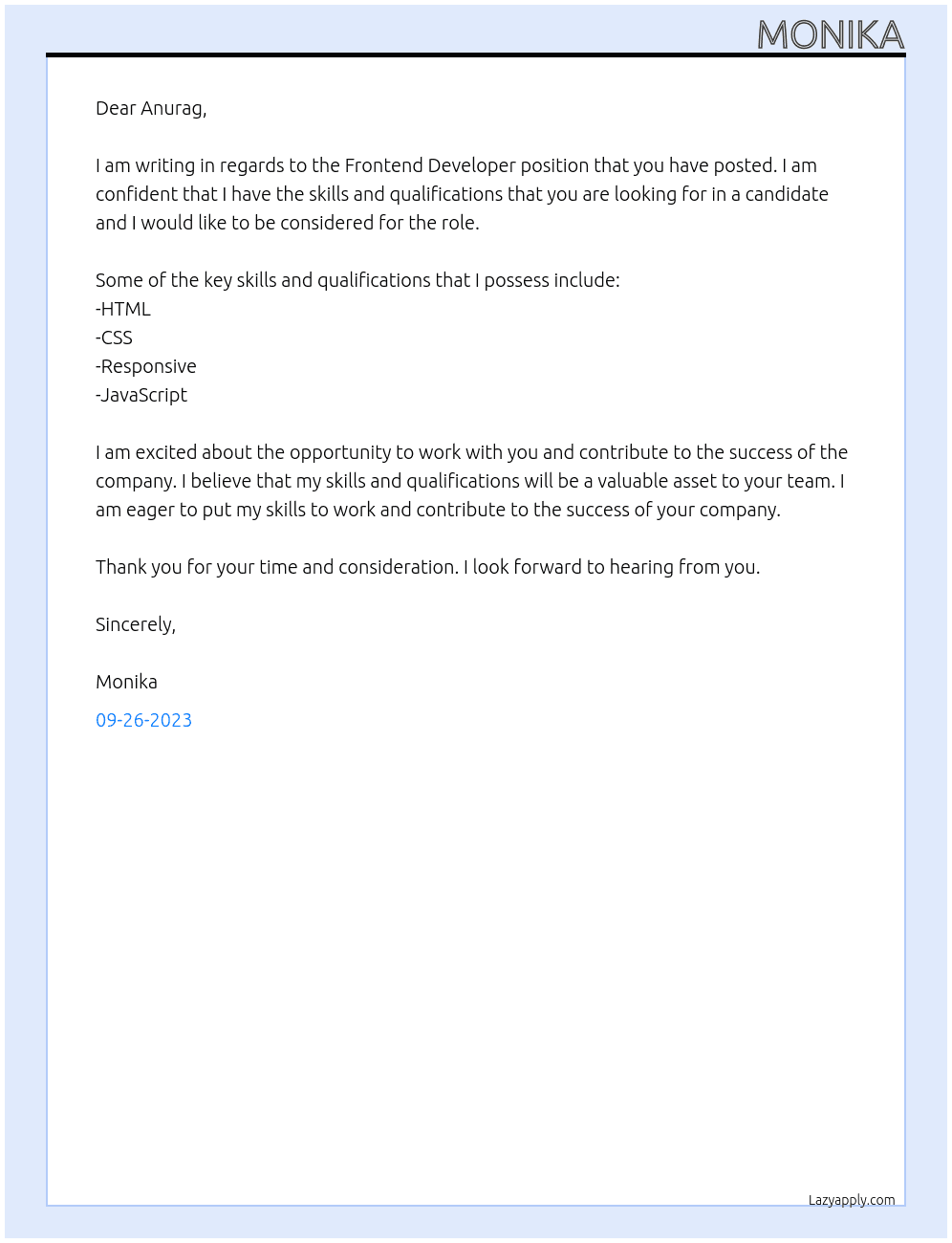 Need Frontend Developer At Anurag Cover Letter