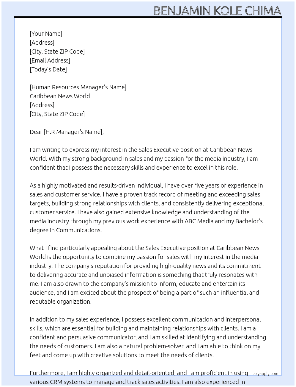 Sales executive At Caribbean News World  Cover Letter