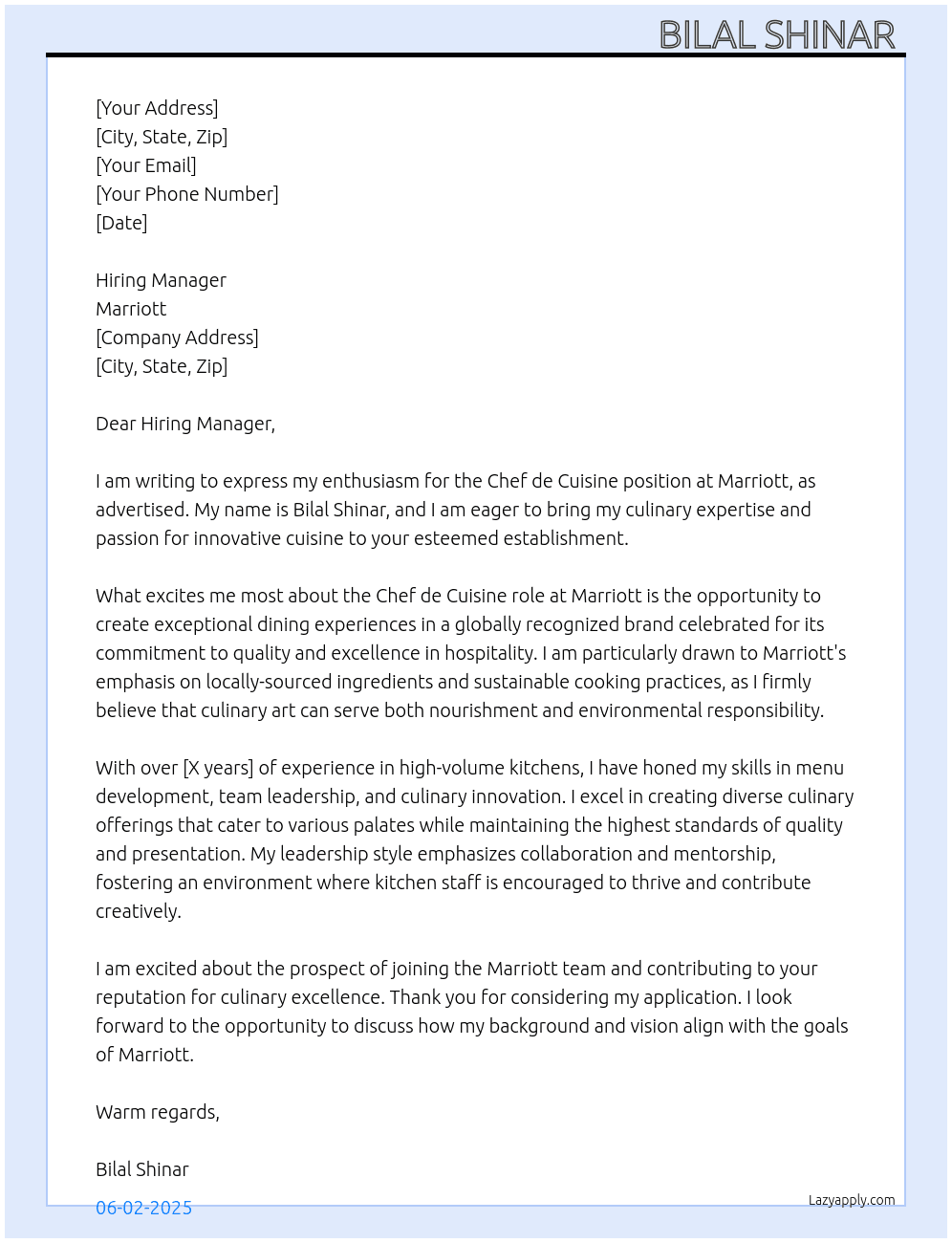Cover letter for chef de cuisine - LazyApply