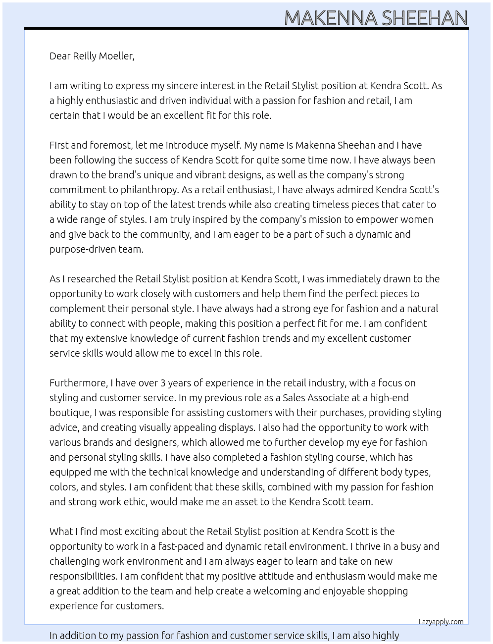 Retail Stylist At Kendra Scott Cover Letter