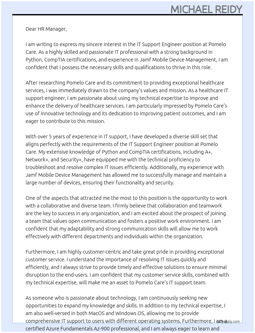 IT Support Engineer At Pomelo Care Cover Letter