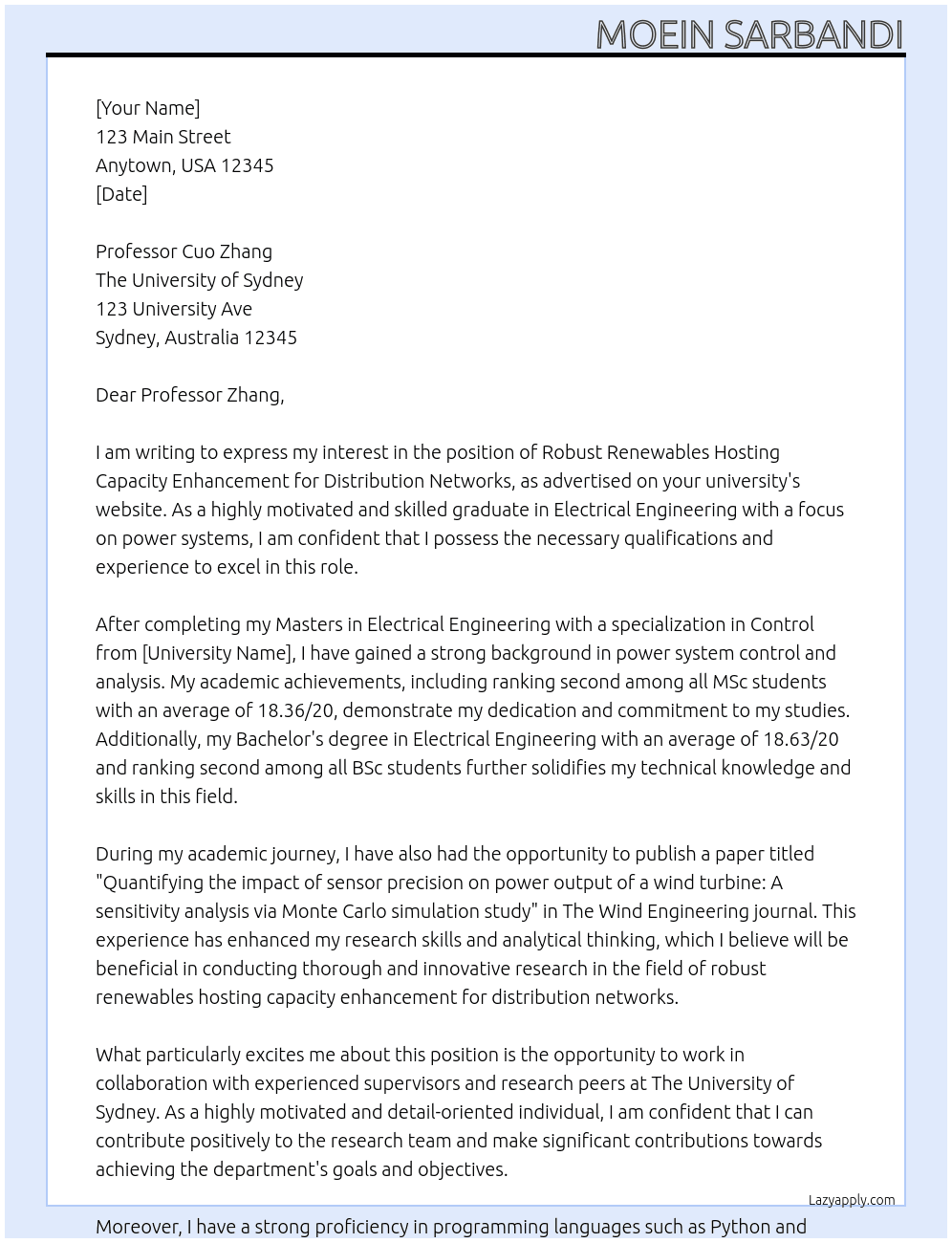 Robust Renewables Hosting Capacity Enhancement for Distribution Networks At The University of Sydney Cover Letter