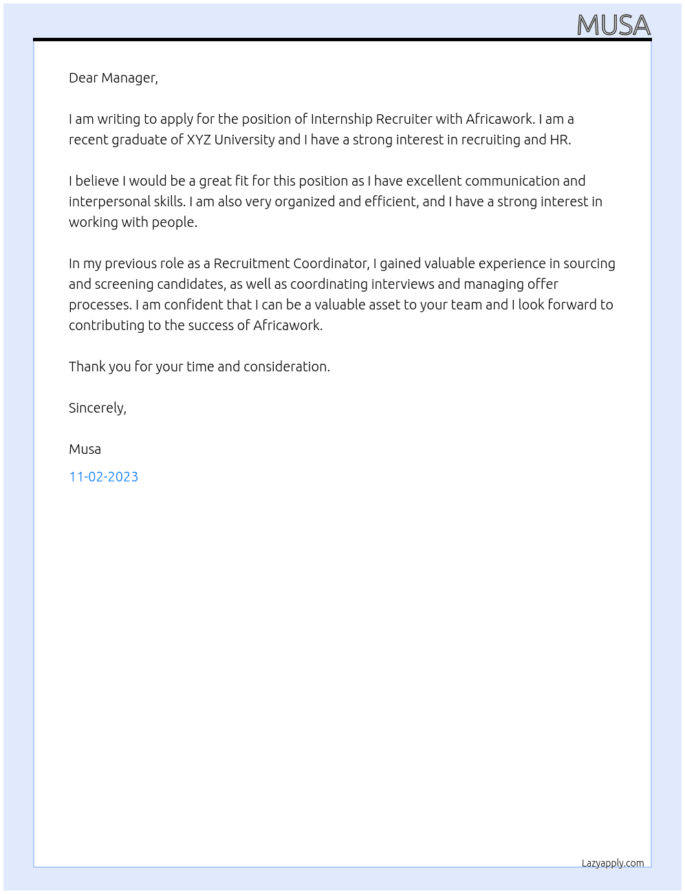 Internship Recruiter At Africawork Cover Letter