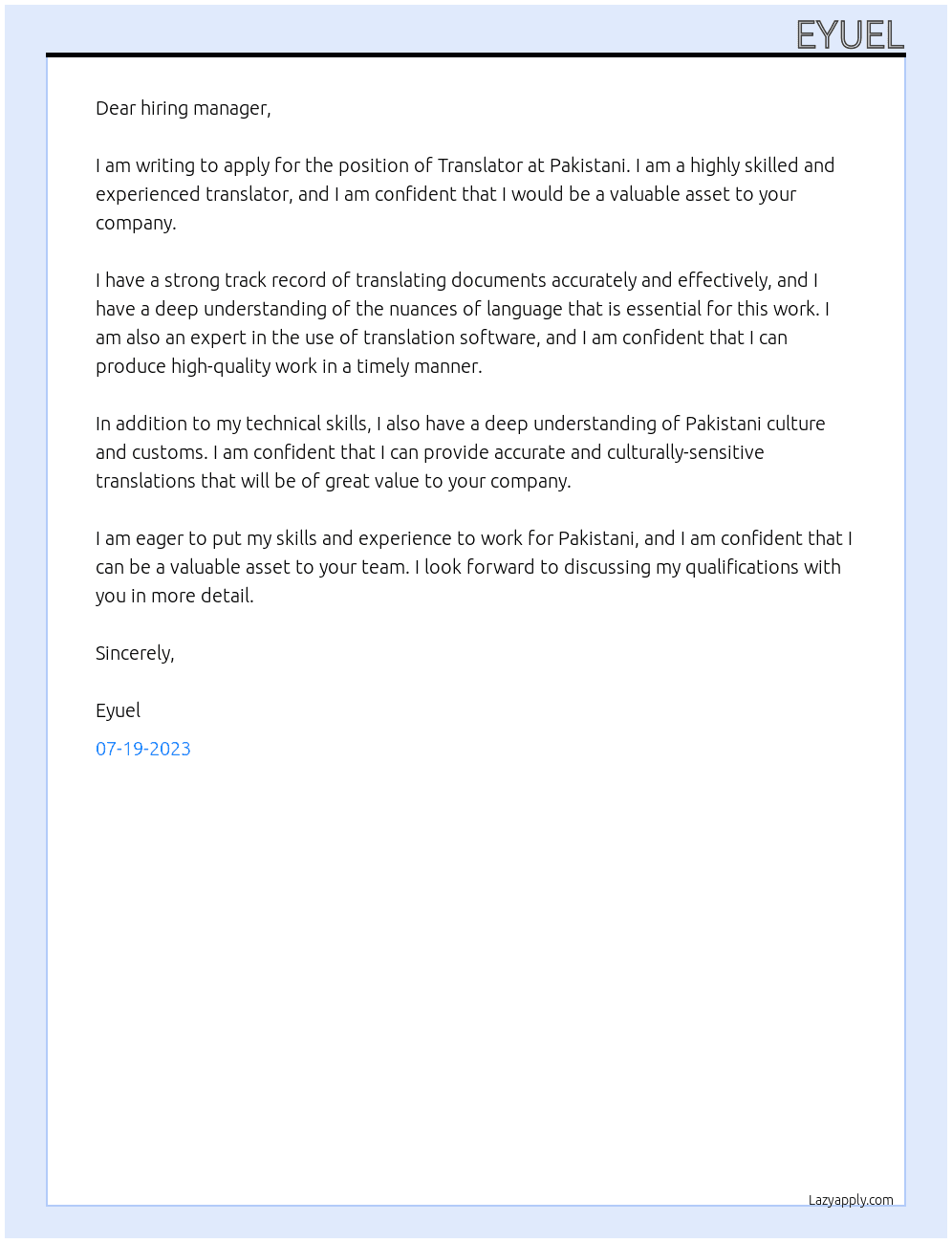 Translator At Pakistani Cover Letter