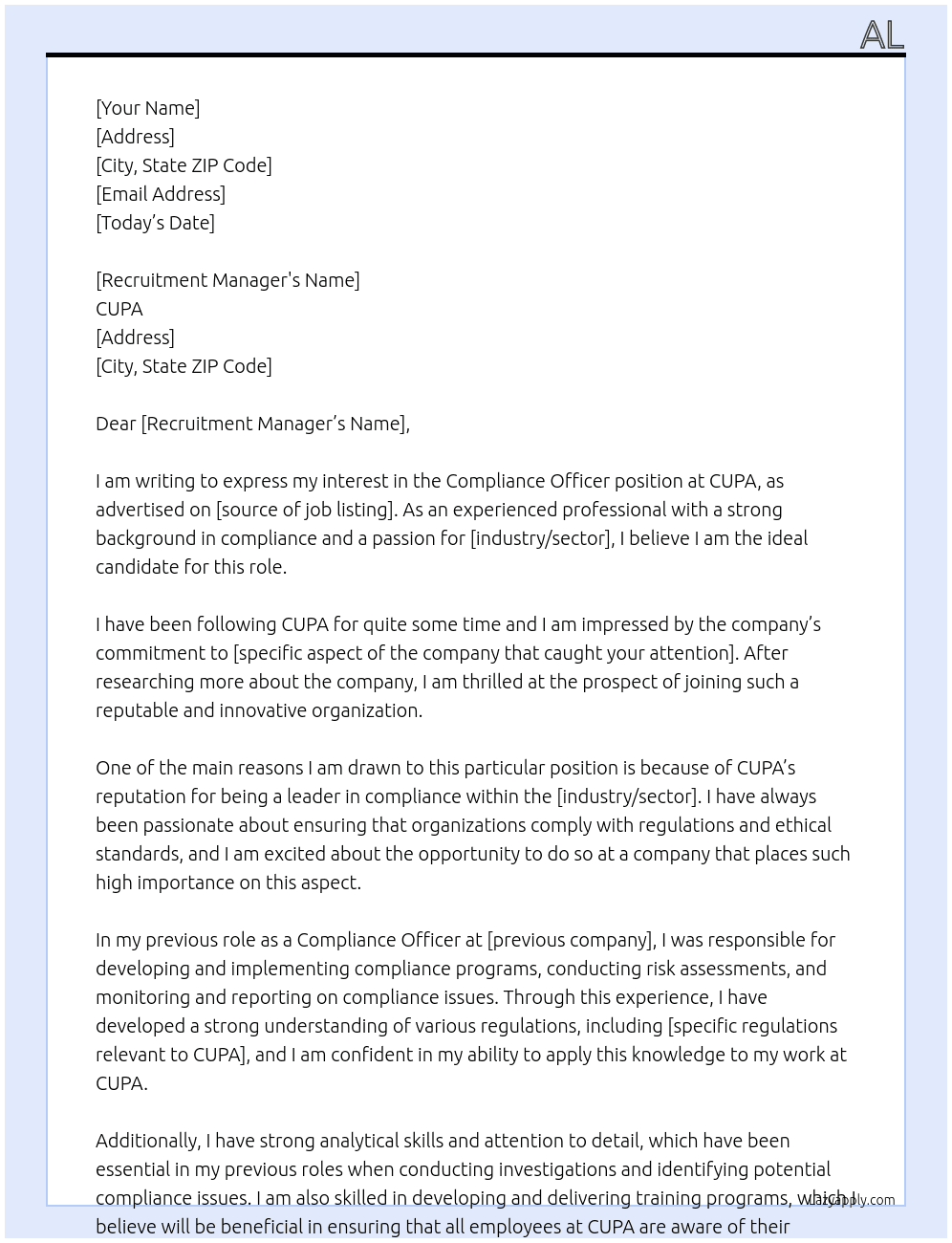 Compliance Officer At CUPA Cover Letter