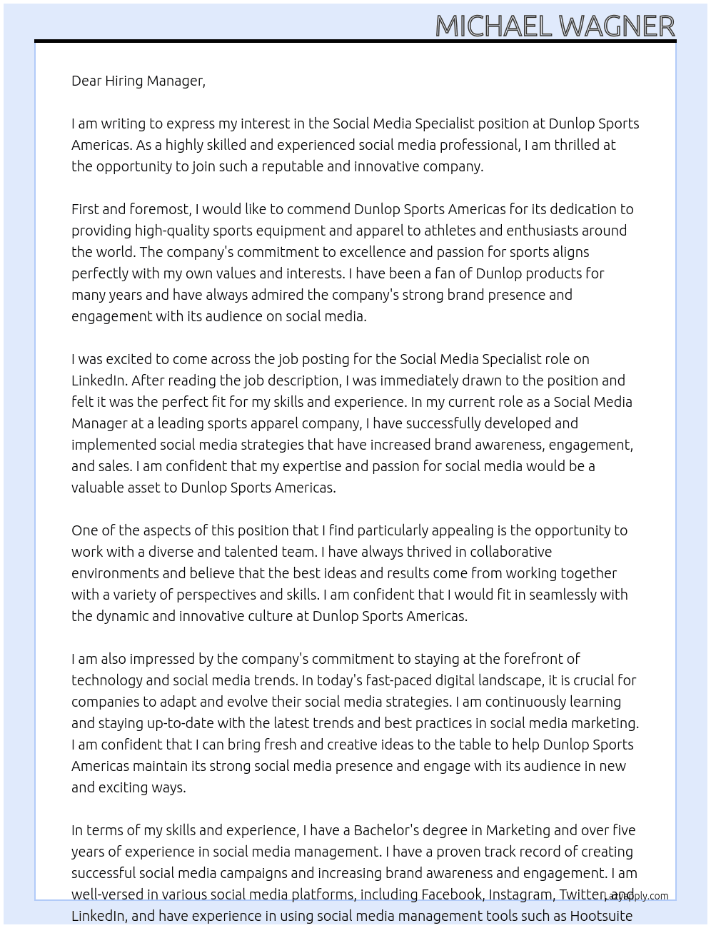 Social Media Specialist At Dunlop Sports Americas Cover Letter