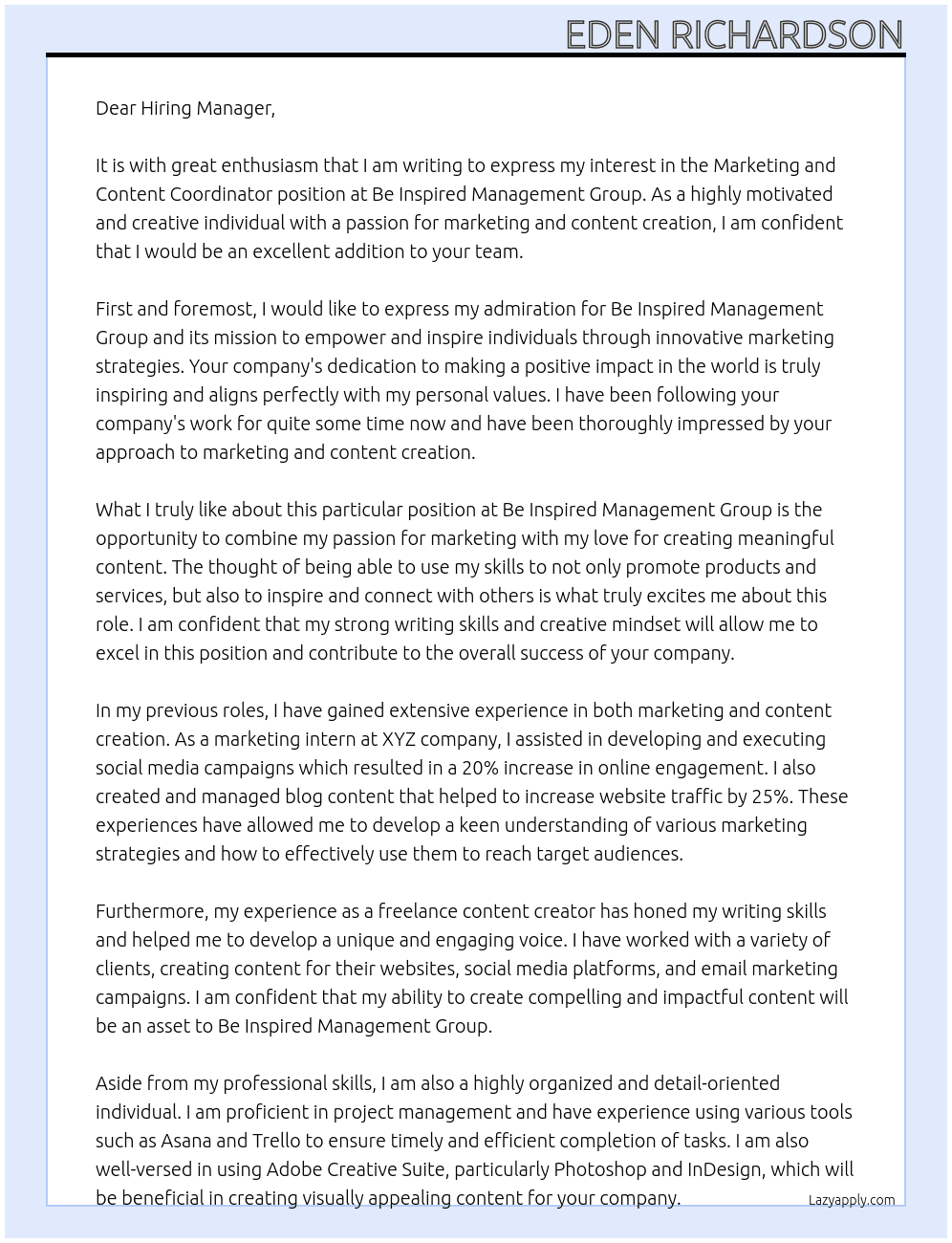 Marketing and Content Coordinator  At Be Inspired Management Group  Cover Letter