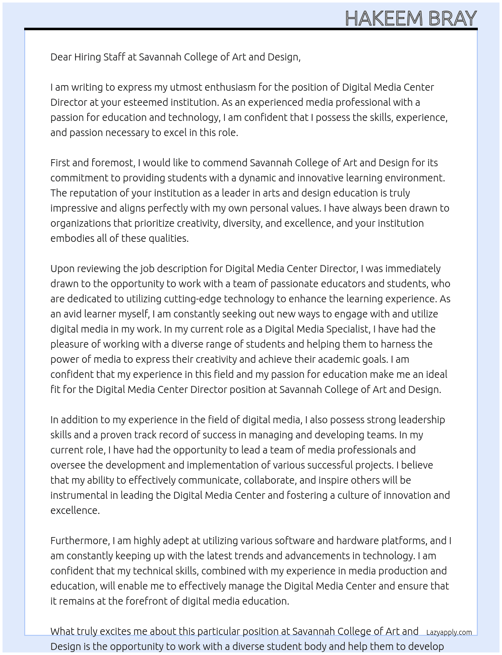 Digital Media Center Director  At Savannah College of Art and Design  Cover Letter