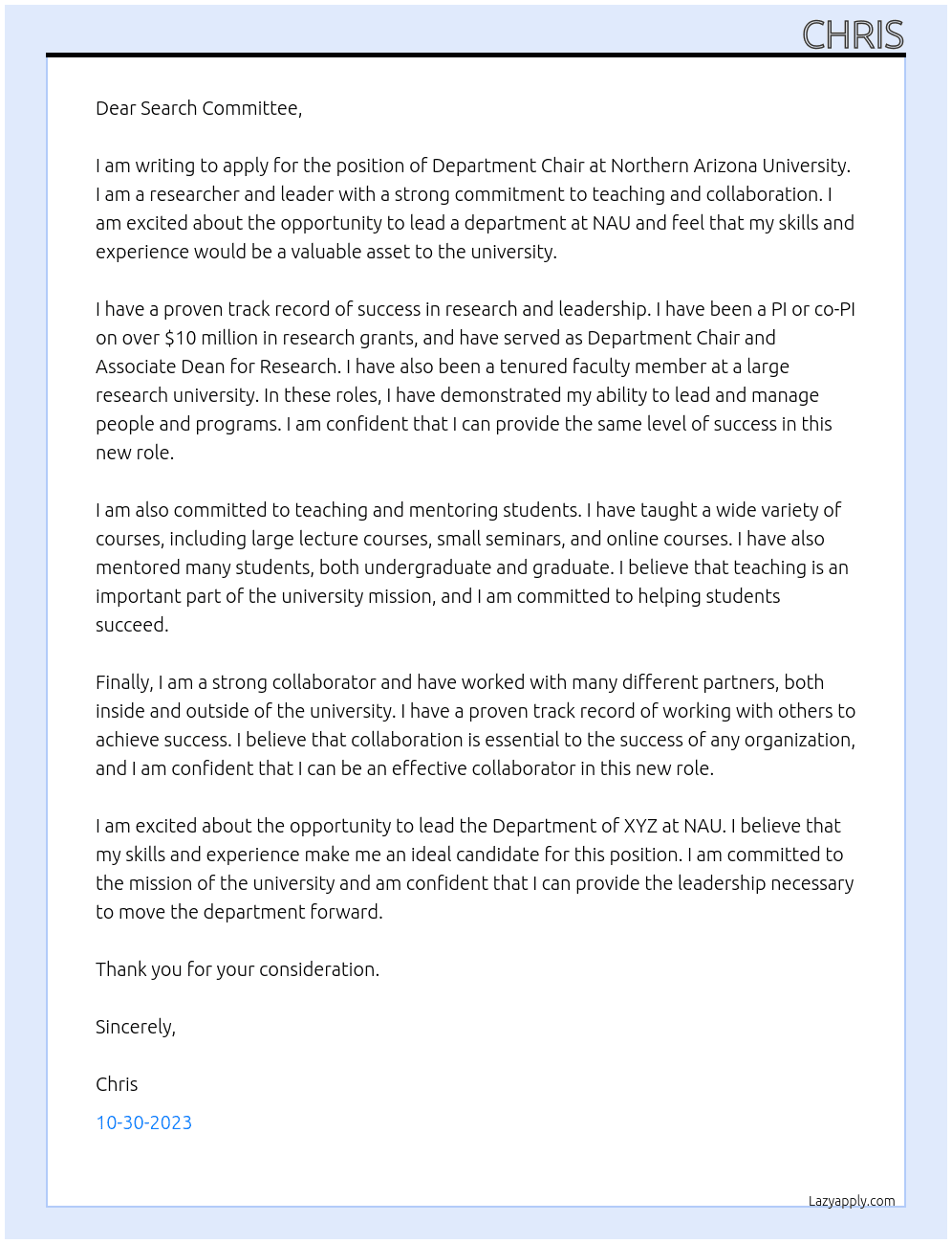 department chair At Northern Arizona University Cover Letter