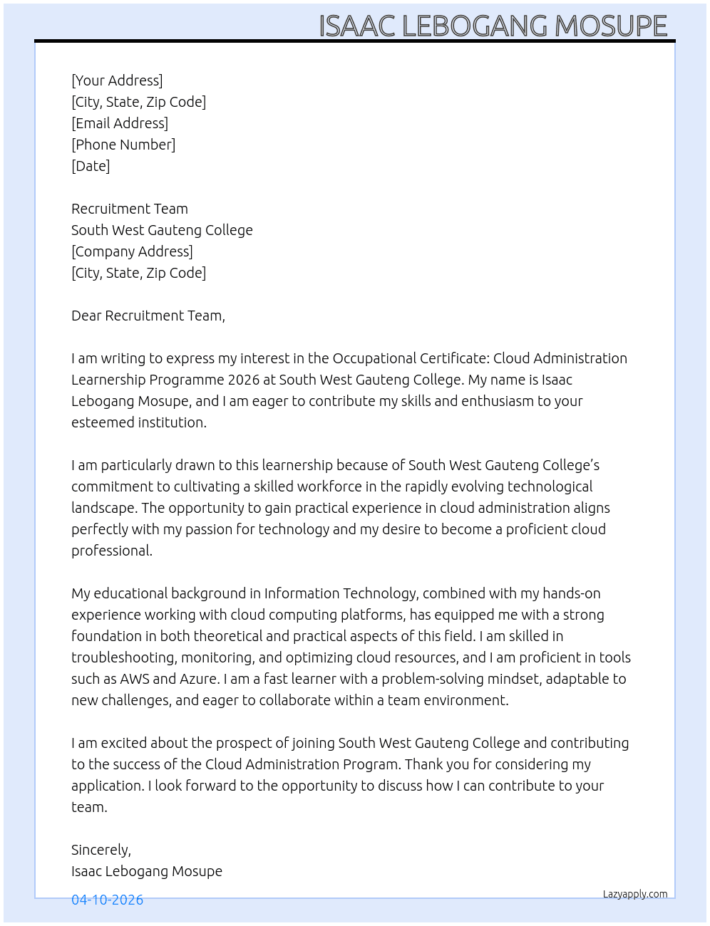 Cover letter for occupational certificate: cloud administration learnership programme 2026 - LazyApply