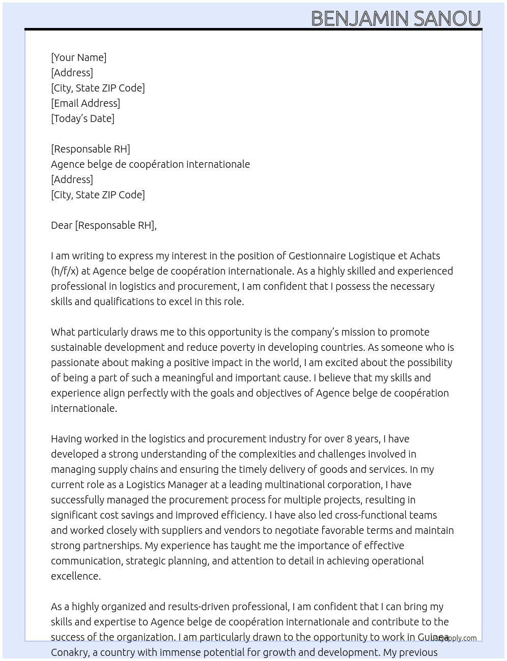Gestionnaire Logistique et Achats (h/f/x)  At Agence belge de coopération internationale Cover Letter