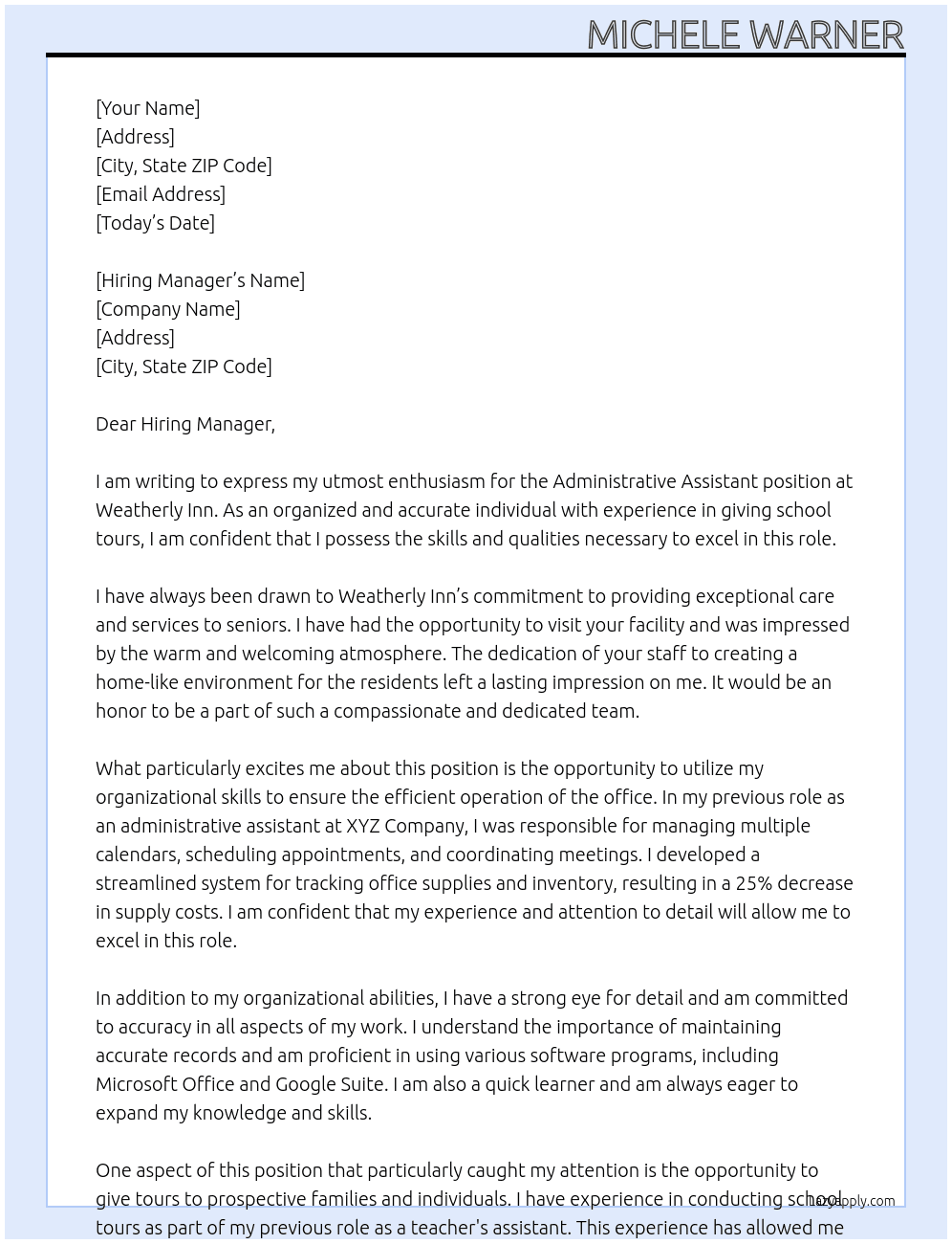 Administrative Assistant At Weatherly Inn Cover Letter
