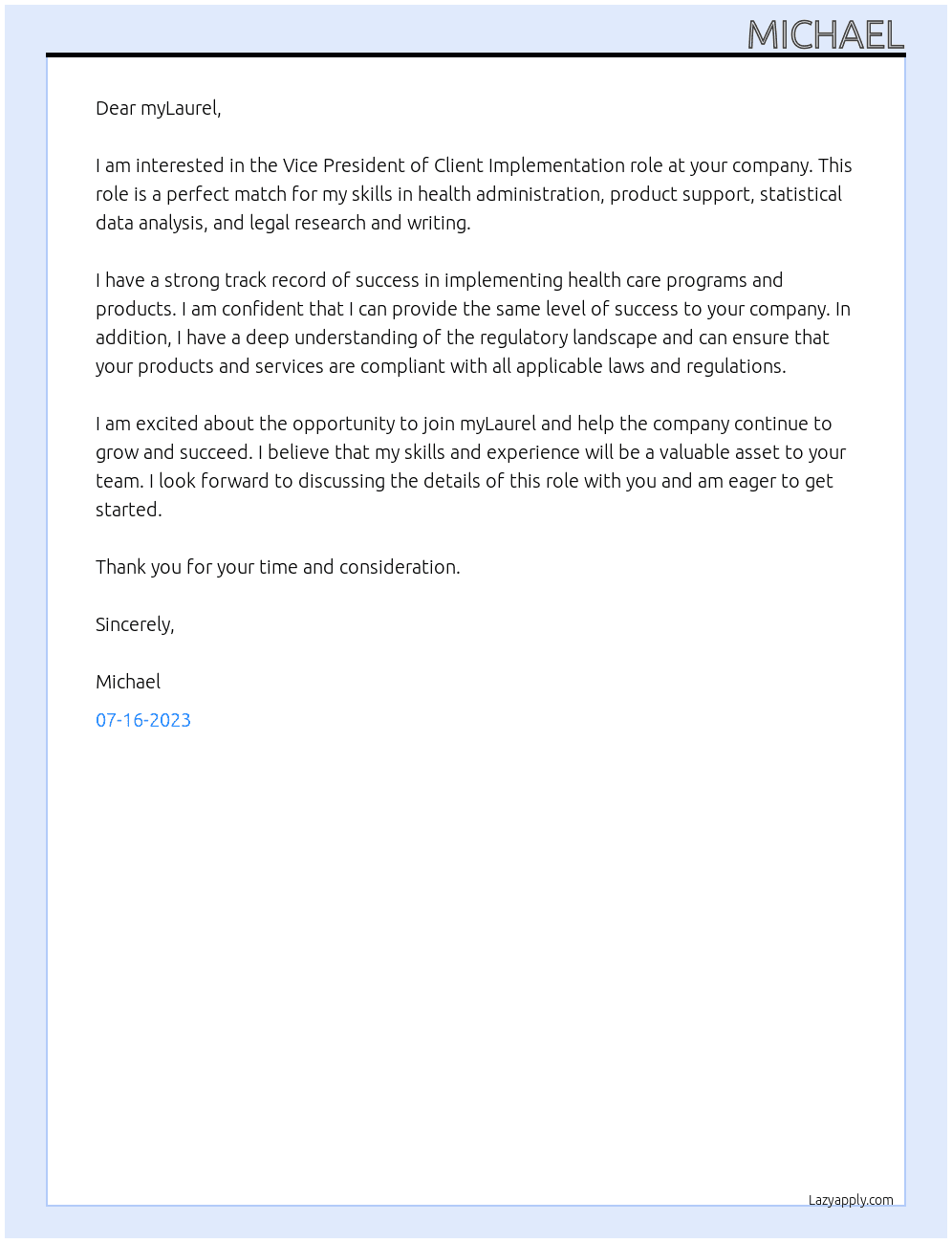 Vice President of Client Implentation At myLaurel Cover Letter