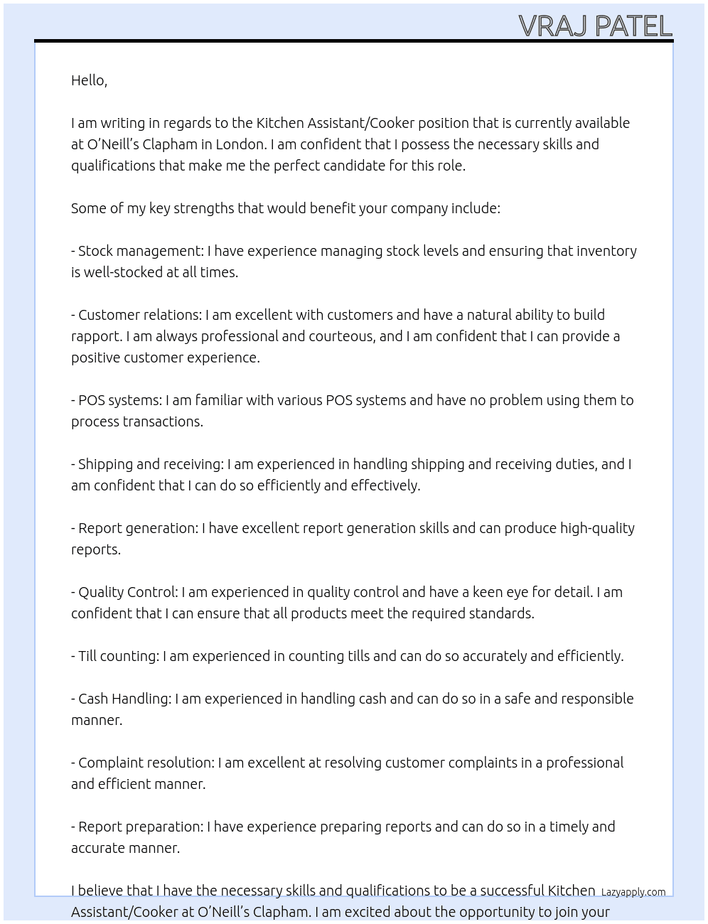 Kitchen Assistant/Cooker,Part-time  At O'Neill's Clapham - London Cover Letter
