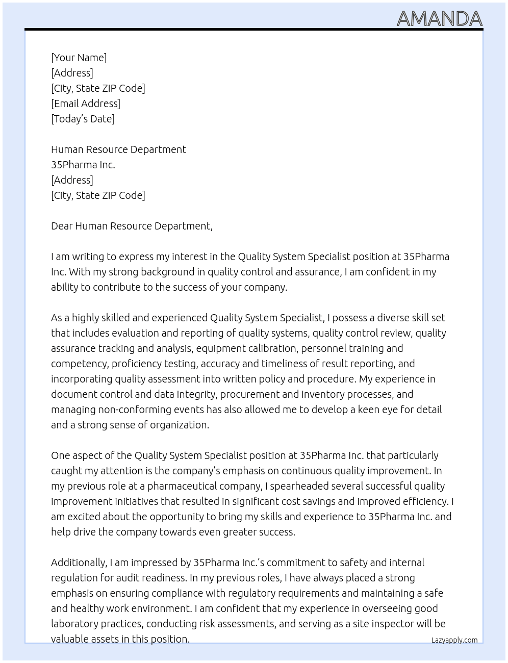 Quality System Specialist  At 35Pharma Inc. Cover Letter