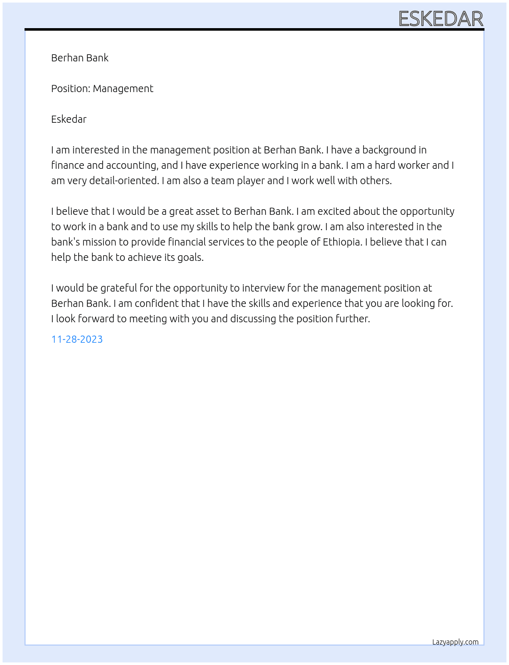 Management At Berhan Bank Cover Letter