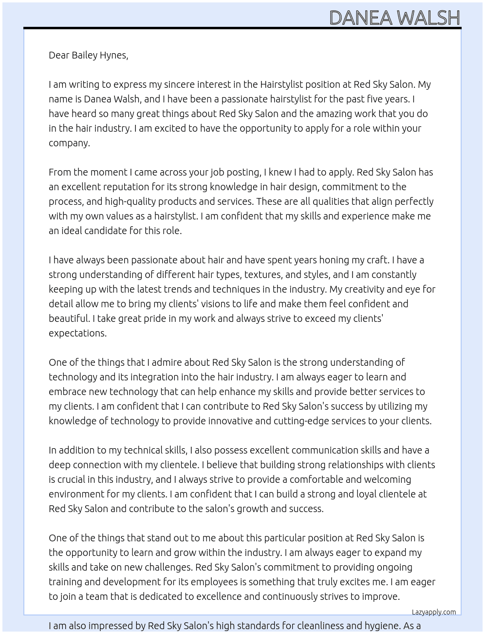 Hairstylist At Red Sky Salon Cover Letter
