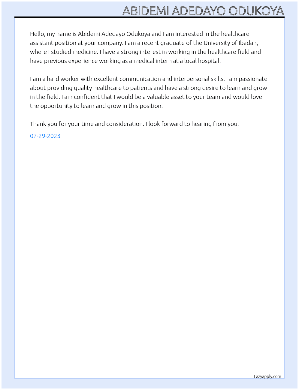 Healthcare Assistant At Health care assitant Cover Letter